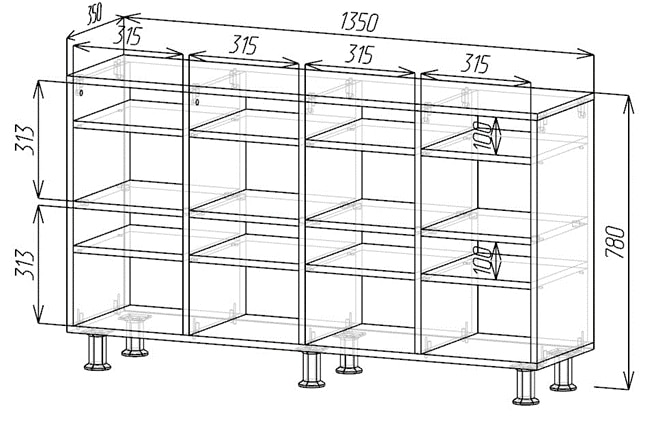 Etajeră cu polițe 1350x350x780H mm