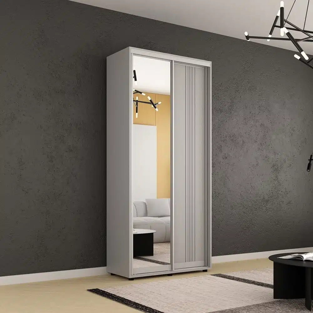Dulap Compact (1-1.3 m.) uși glisante Oglindă + PAL cu ornament linii