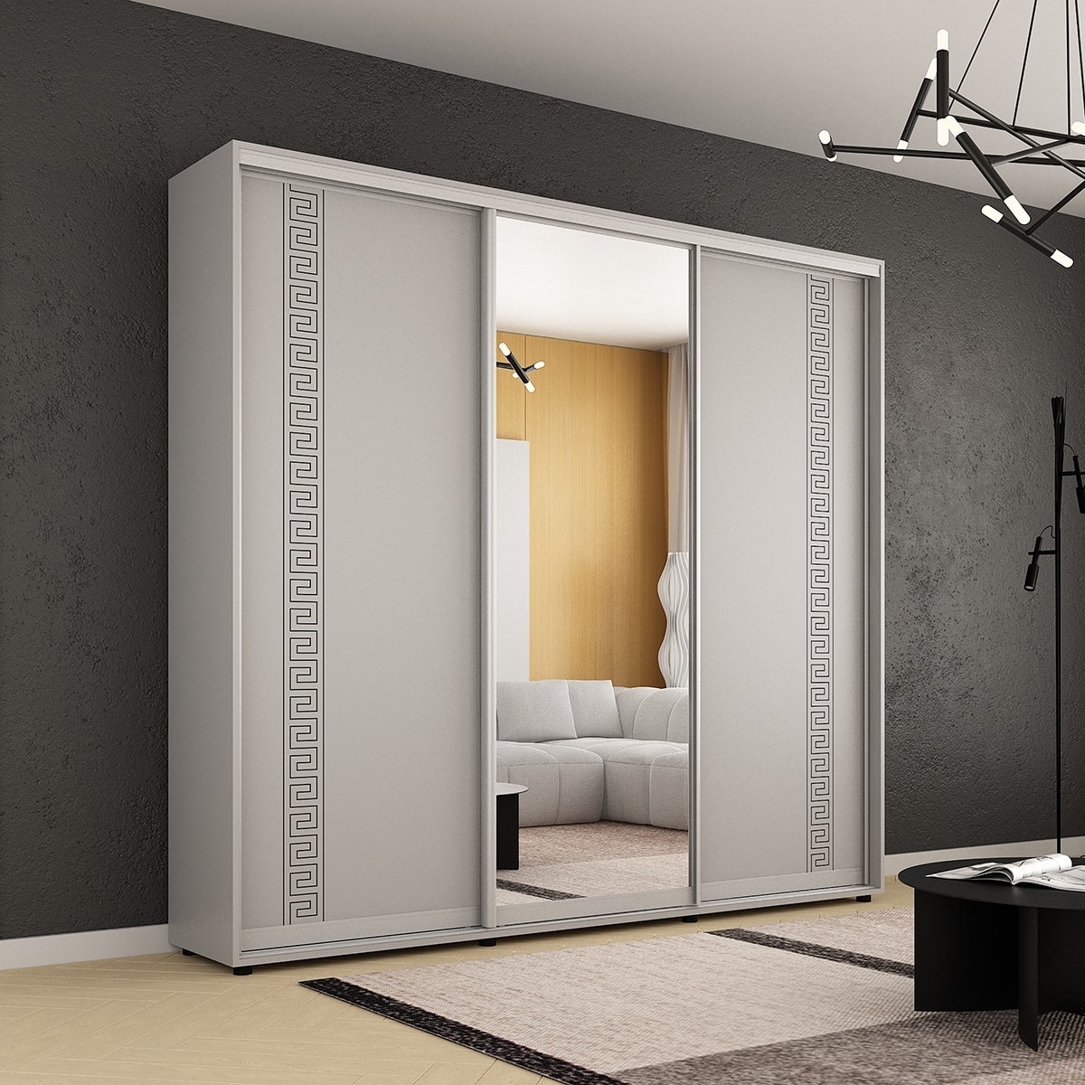 Dulap Compact (2.4-2.7m.) uși glisante Oglindă + PAL cu ornament grecesc